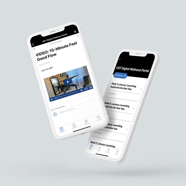 Image of two iphones displaying the app that is used for the corporate wellness program