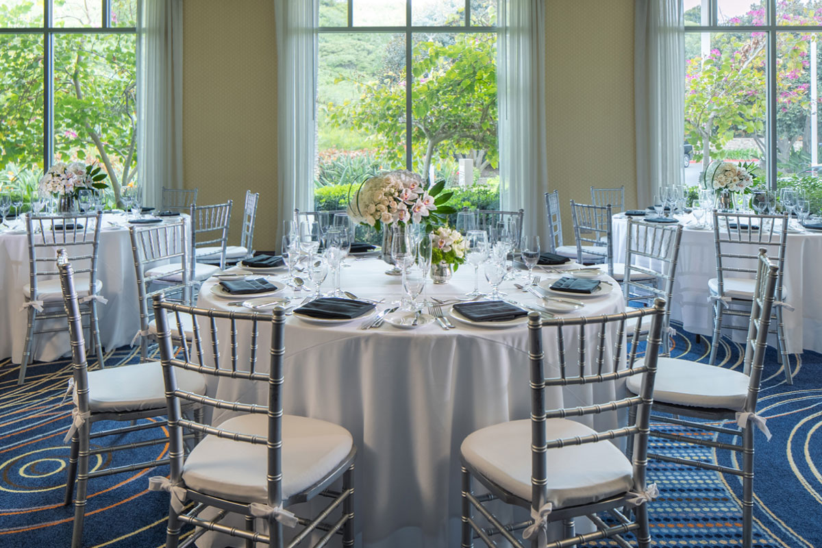 Architectural photo of an elegant wedding setup in the banquet space