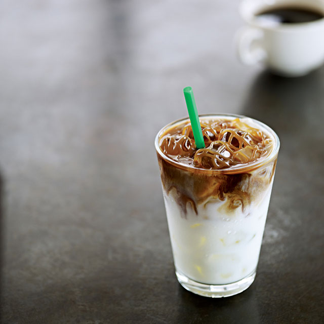 A Starbucks ice coffee on a counter at the cafe