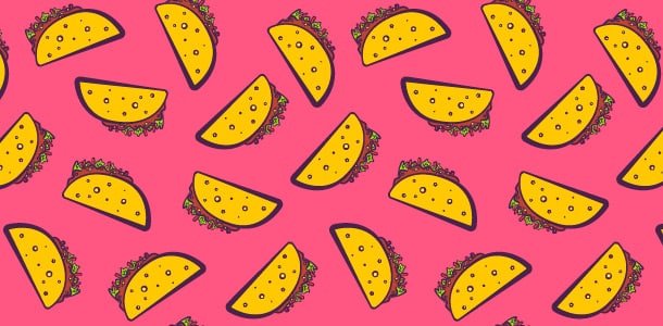 A pattern of tacos on a bright pink background