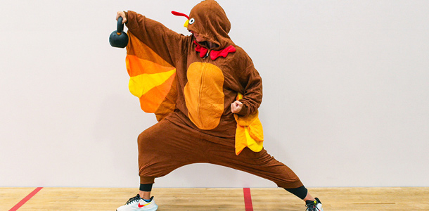 A person dressed up in a Turkey costume for the Burn the Bird workout