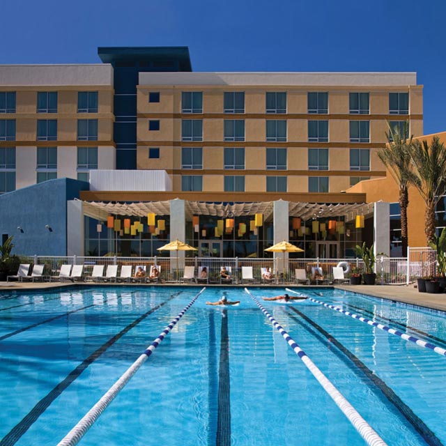 A view of the outdoor aquatics area at Renaissance ClubSport Aliso Viejo